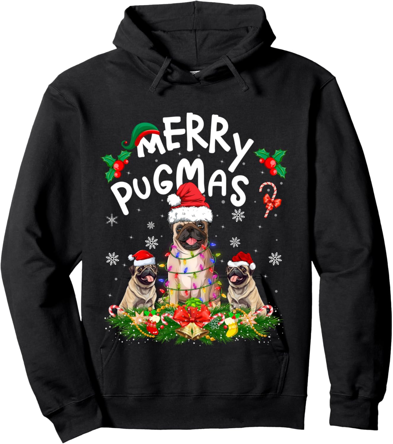 Merry Pugmas Xmas Lighting Santa Pug Dog Christmas Hoodie - Hoodie | Black