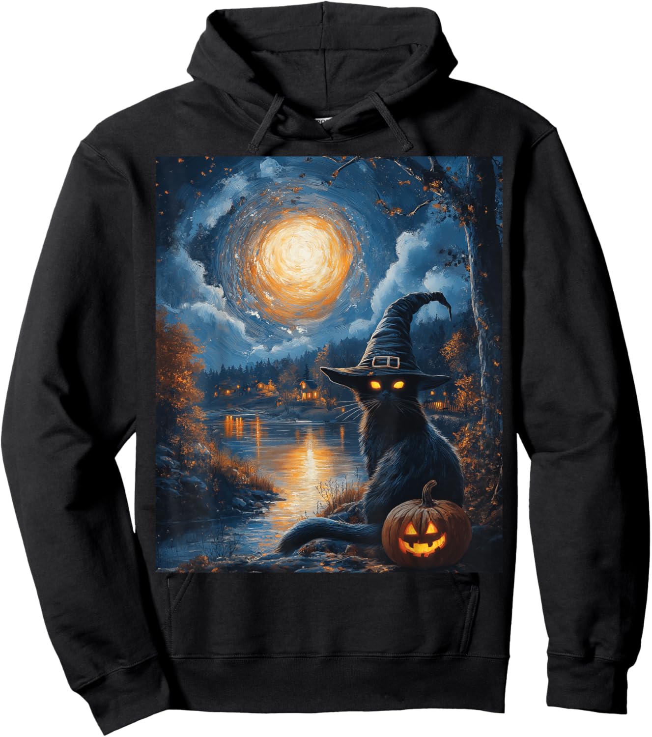 Halloween Van Gogh Starry Night Black Cat Pumpkin Spooky Hoodie - Hoodie | Black