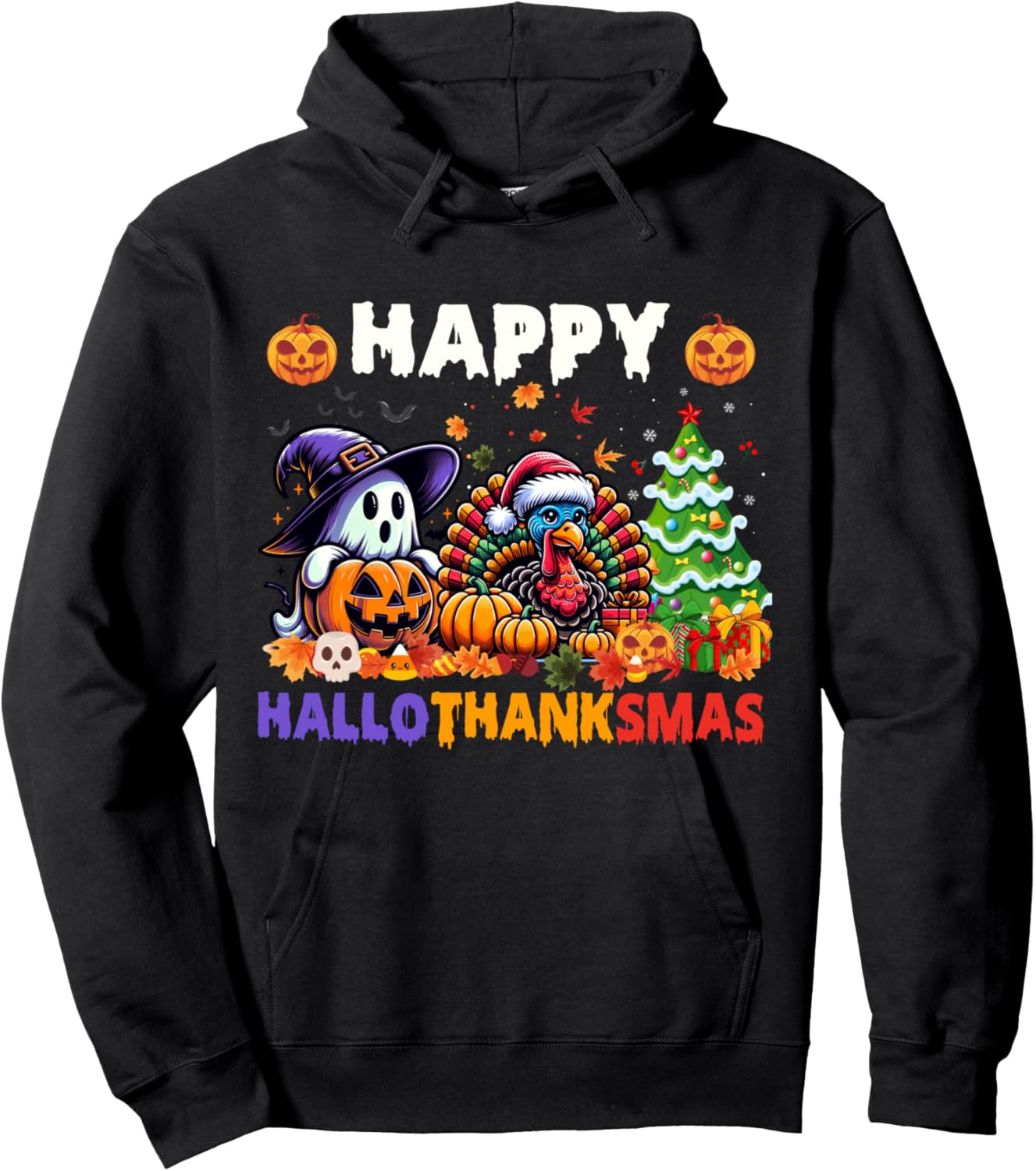 Halloween Thanksgiving Christmas Happy Hallothanksmas Hoodie - Hoodie | Black