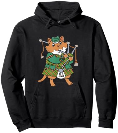 Scottish Kilt Cute Cat With Bagpipes Wearing Kilt Men Women Kids Hoodie - Hoodie | Black