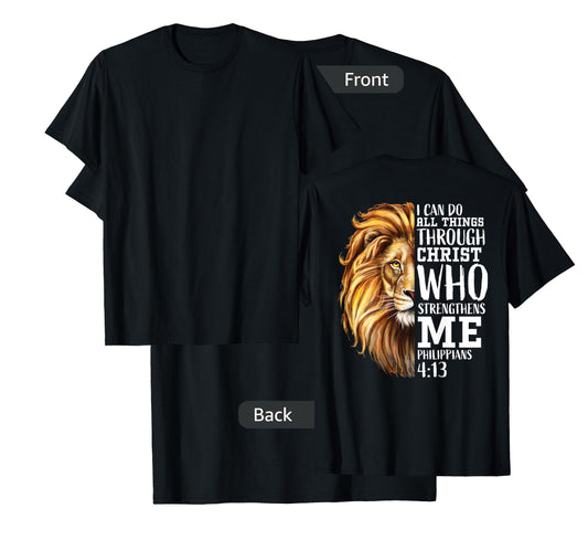 Philippians 4:13 Christian Verse Lion Back Print Graphics T-Shirt