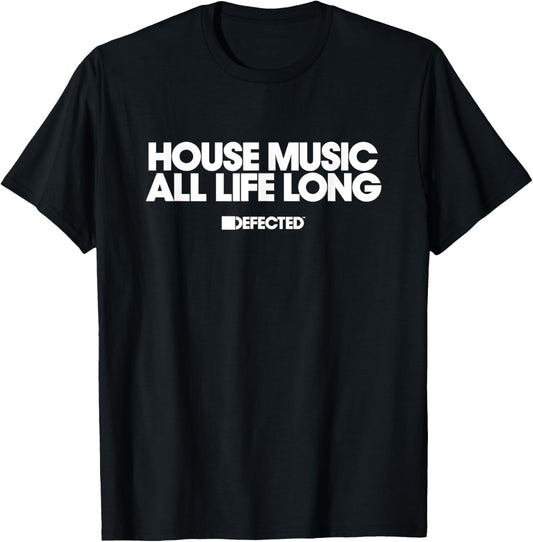 Defected House Music All Life Long Two Line White Print T-Shirt - T-Shirt | Black