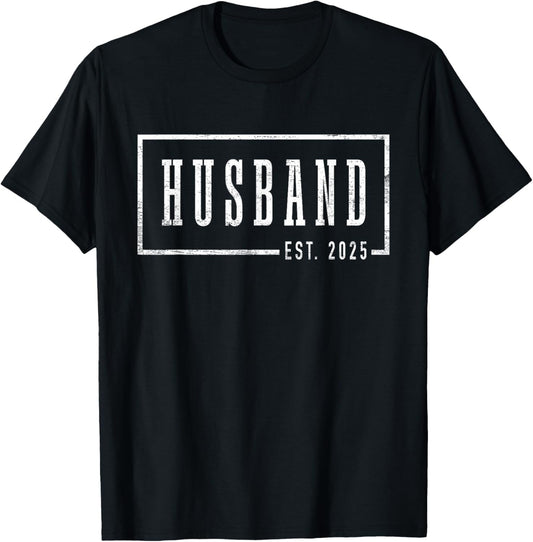 Husband Est 2025 Just Married Honeymoon Sleek Framed Design T-Shirt - T-Shirt | Black
