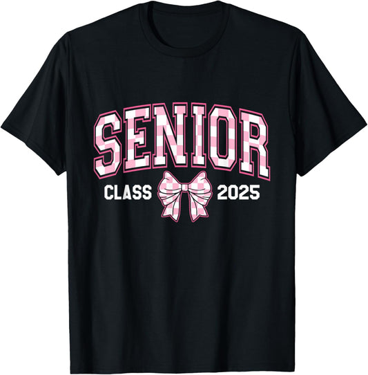 Cute Senior Class Of 2025 Checkered Bow Senior 25 Graduation T-Shirt - T-Shirt | Black