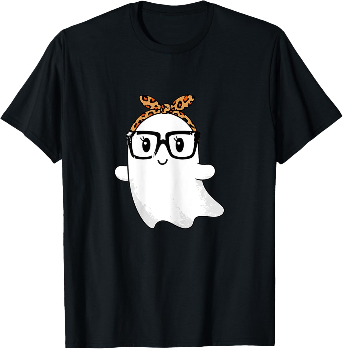 Leopard Bandana Ghost with Glasses Girls Cute Spooky Costume T-Shirt - T-Shirt | Black