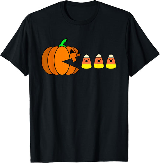 Funny Halloween Pumpkin Eating Candy Corn Gamer Men Kids T-Shirt - T-Shirt | Black