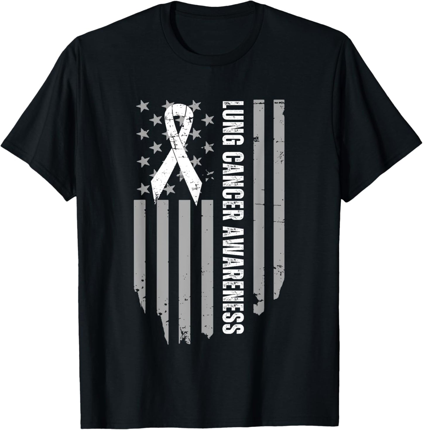 Vintage Lung Cancer Awareness American Flag White Ribbon T-Shirt - T-Shirt | Black
