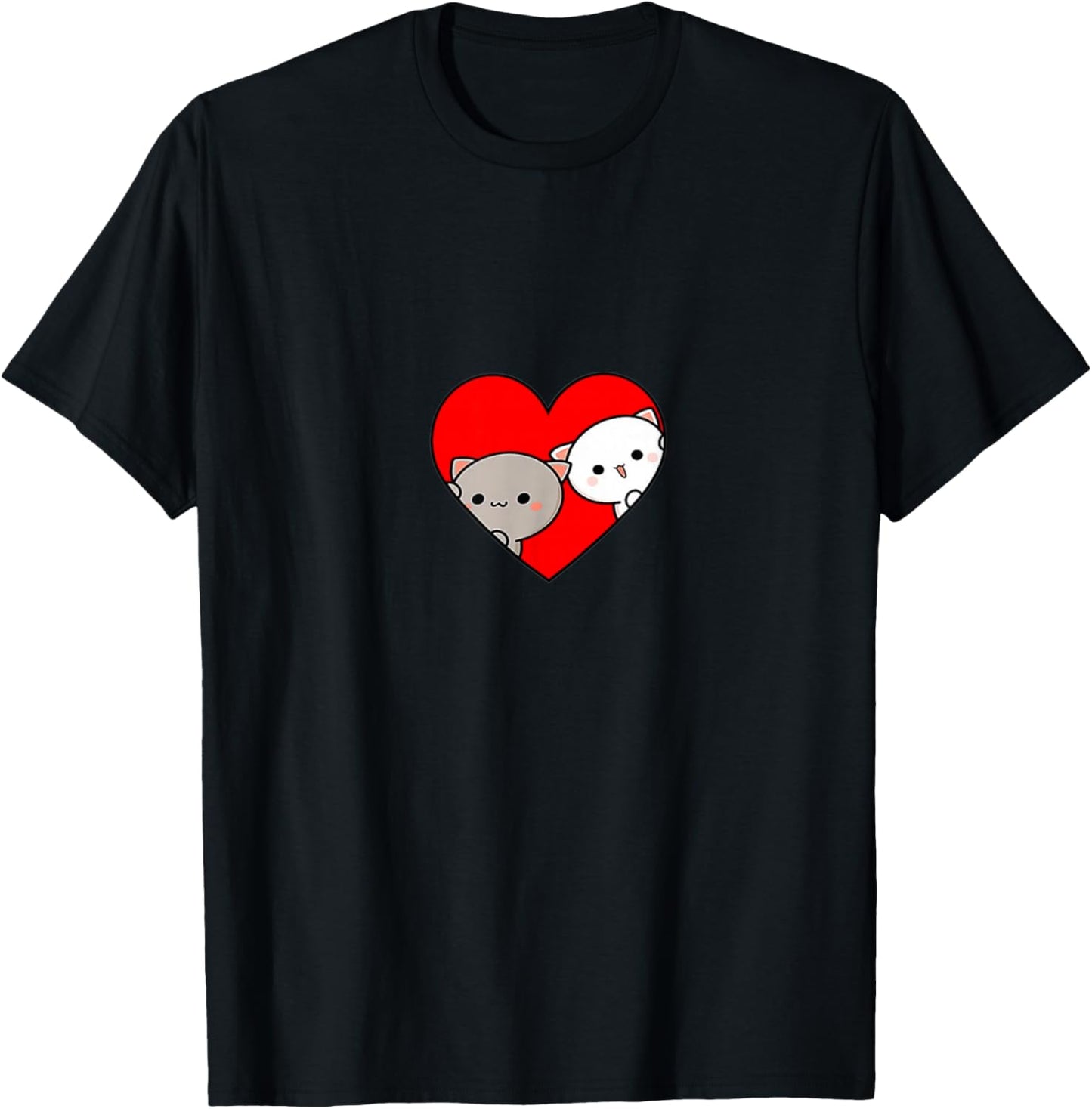 Peach Cartoon Love Goma Cat Valentine’s Day Heart GF BF Men Women Girls Kids T-Shirt - T-Shirt | Black