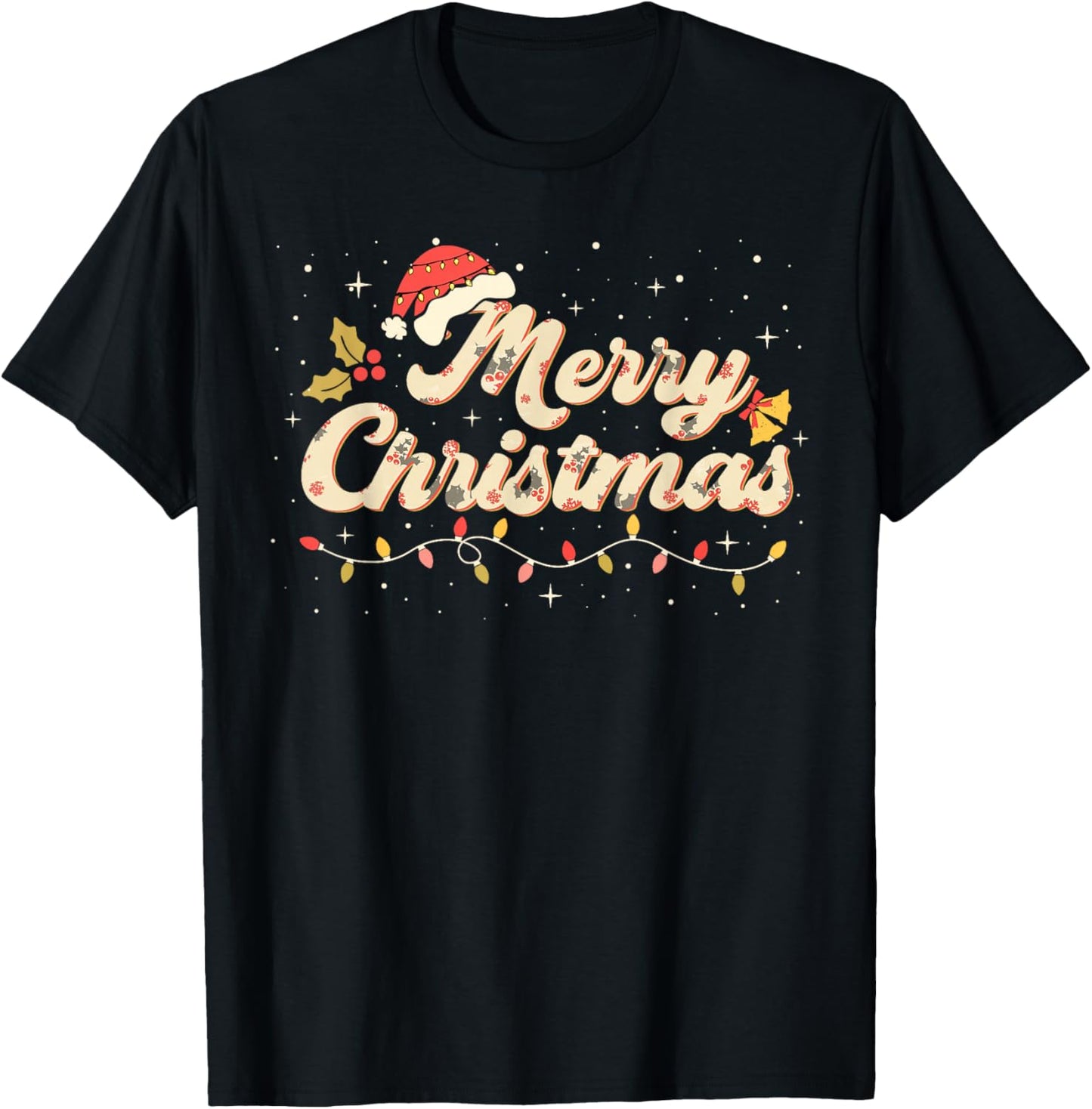 Merry Christmas Lights Red Santa Hat Xmas Family T-Shirt - T-Shirt | Black