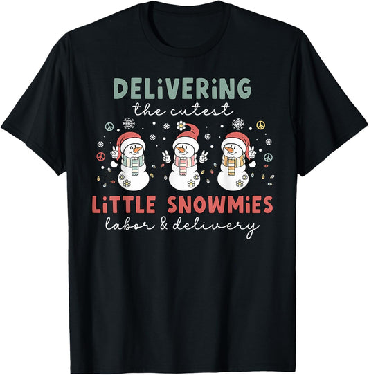 Delivering The Cutest Snowmies Labor and Delivery Christmas T-Shirt - T-Shirt | Black