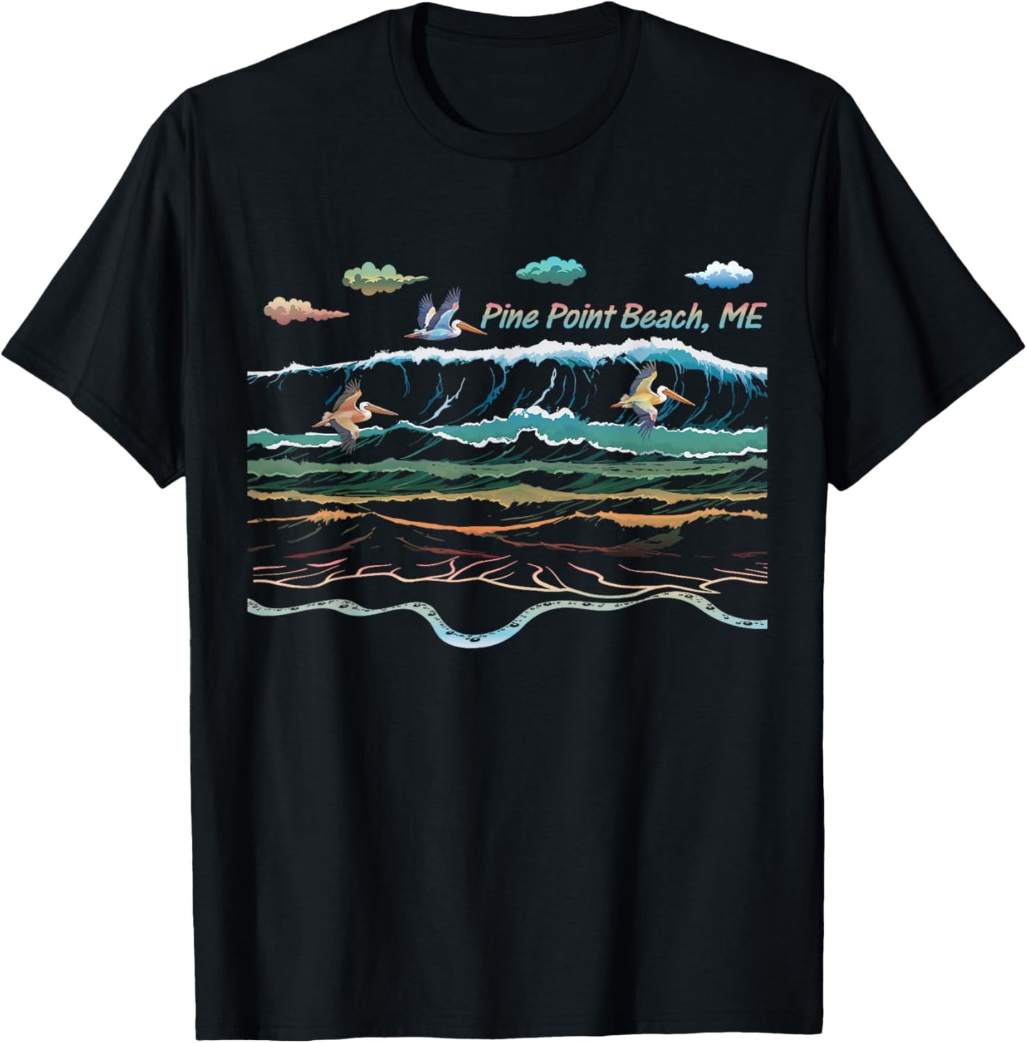 Pine Point Beach ME Beach Maine Beach Waves Pelican Birding T-Shirt - T-Shirt | Black