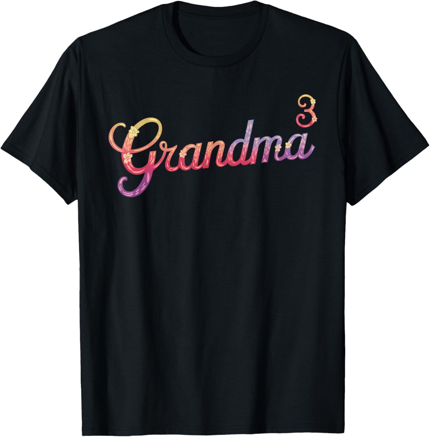 Grandma of Three Floral 3rd Time Grandma with 3 Grandkids T-Shirt - T-Shirt | Black