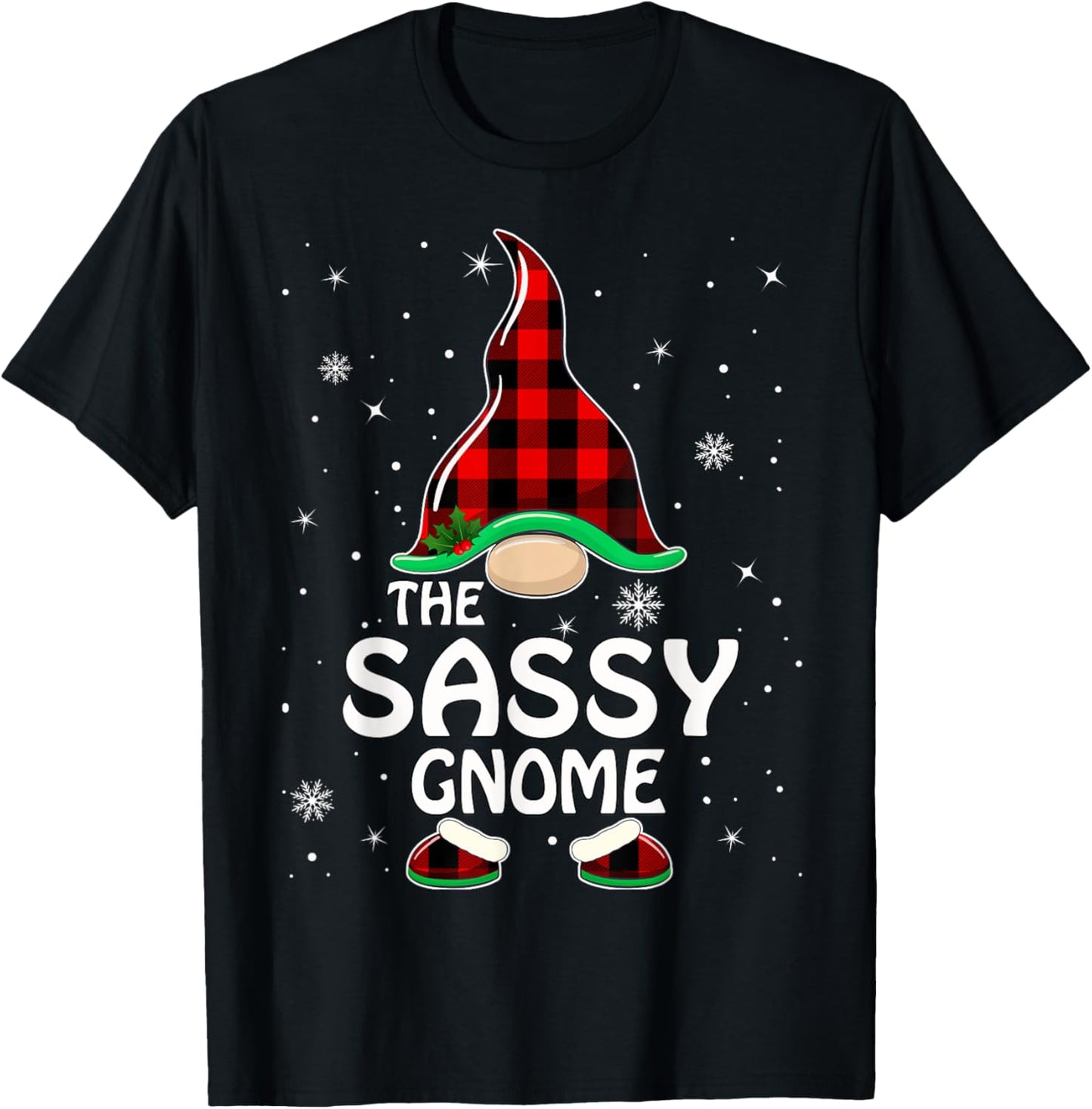 Sassy Gnome Buffalo Plaid Matching Family Christmas Pajama T-Shirt - T-Shirt | Black