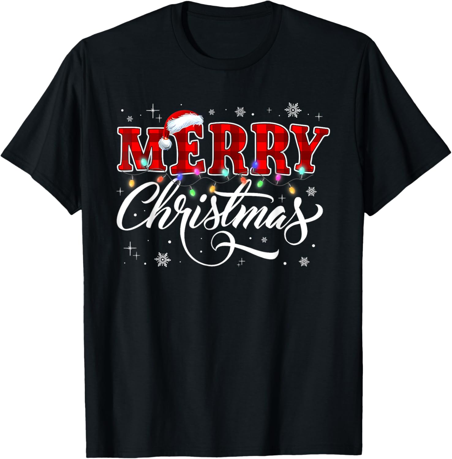 Merry Christmas Buffalo Plaid Red Santa Hat Xmas Pajamas T-Shirt - T-Shirt | Black