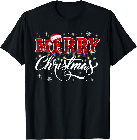 Merry Christmas Buffalo Plaid Red Santa Hat Xmas Pajamas T-Shirt - T-Shirt | Black