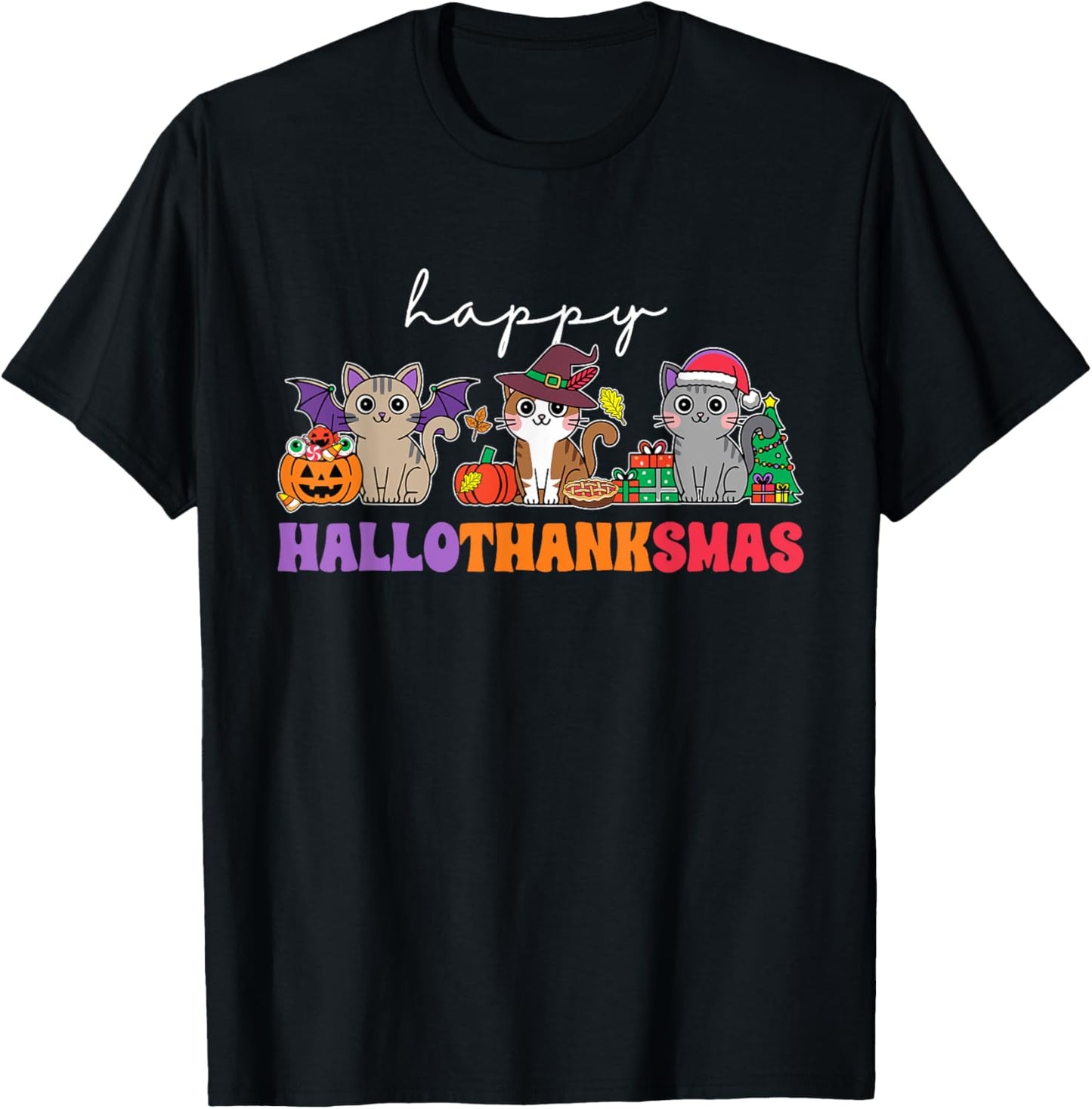 HalloThanksMas Cats : -Adults, -Kids, Black, Small, Short Sleeve, , Halloween, Thanksgiving, Christmas, Fall, Winter, Autumn T-Shirt - T-Shirt | Black