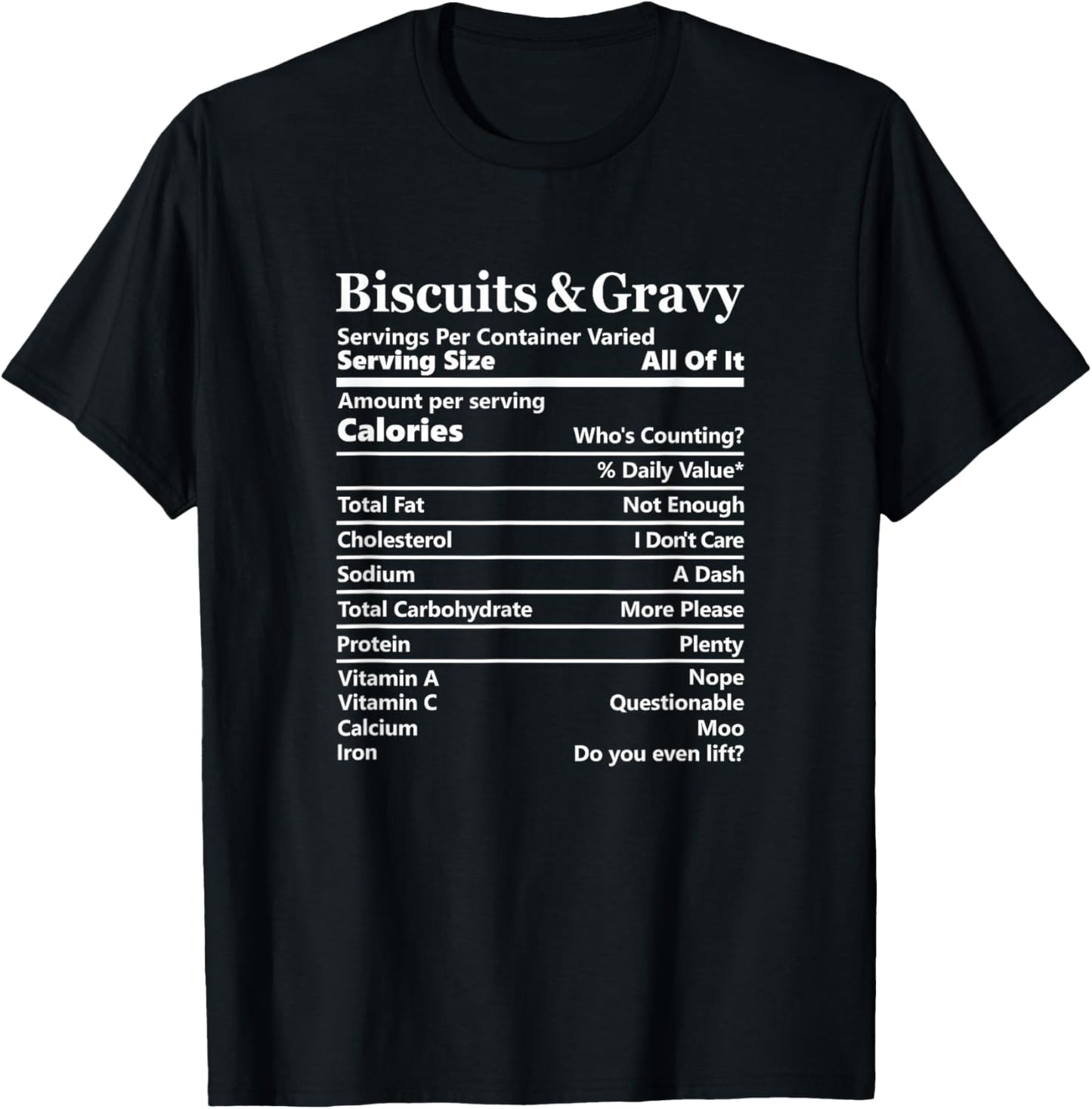 Biscuits and Gravy Nutrition Facts Funny Food Label T-Shirt - T-Shirt | Black