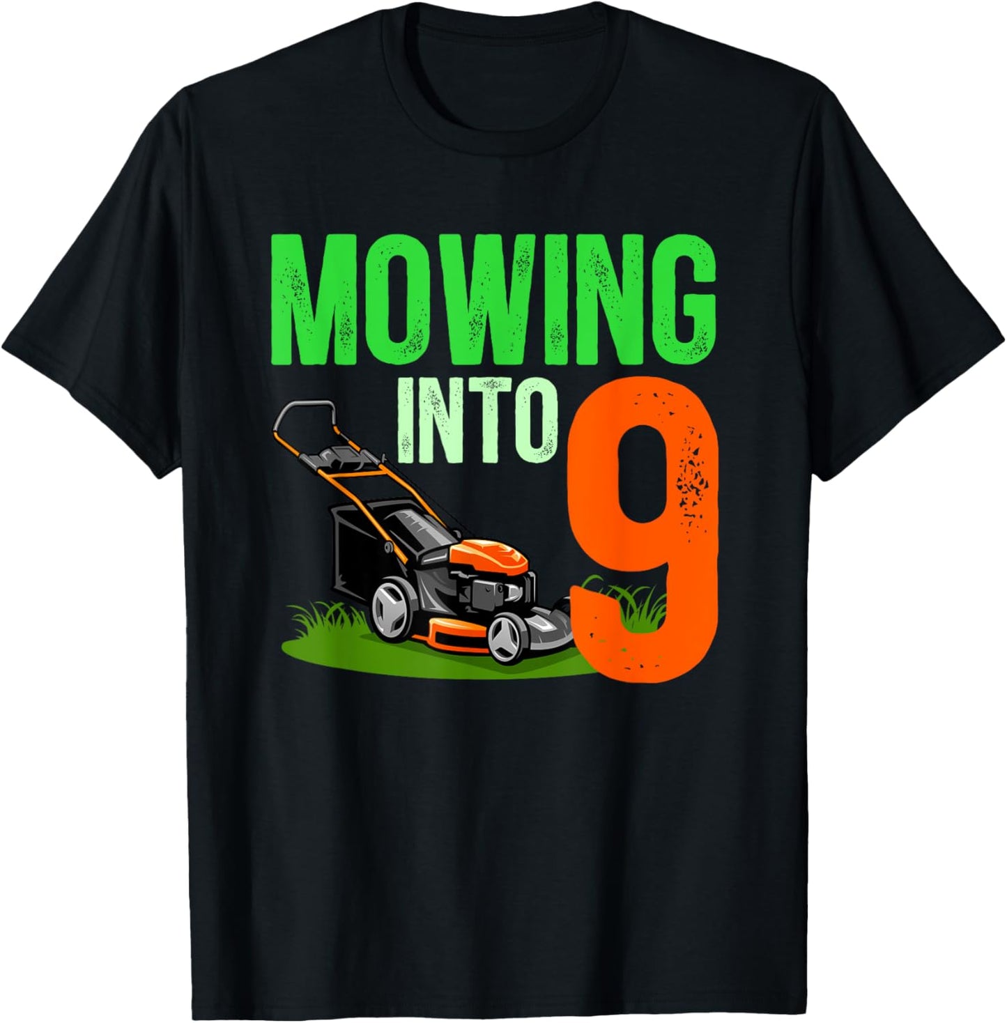 9th Birthday Party Lawn Mower 9 Year Old Lawn Mowing Boy T-Shirt - T-Shirt | Black