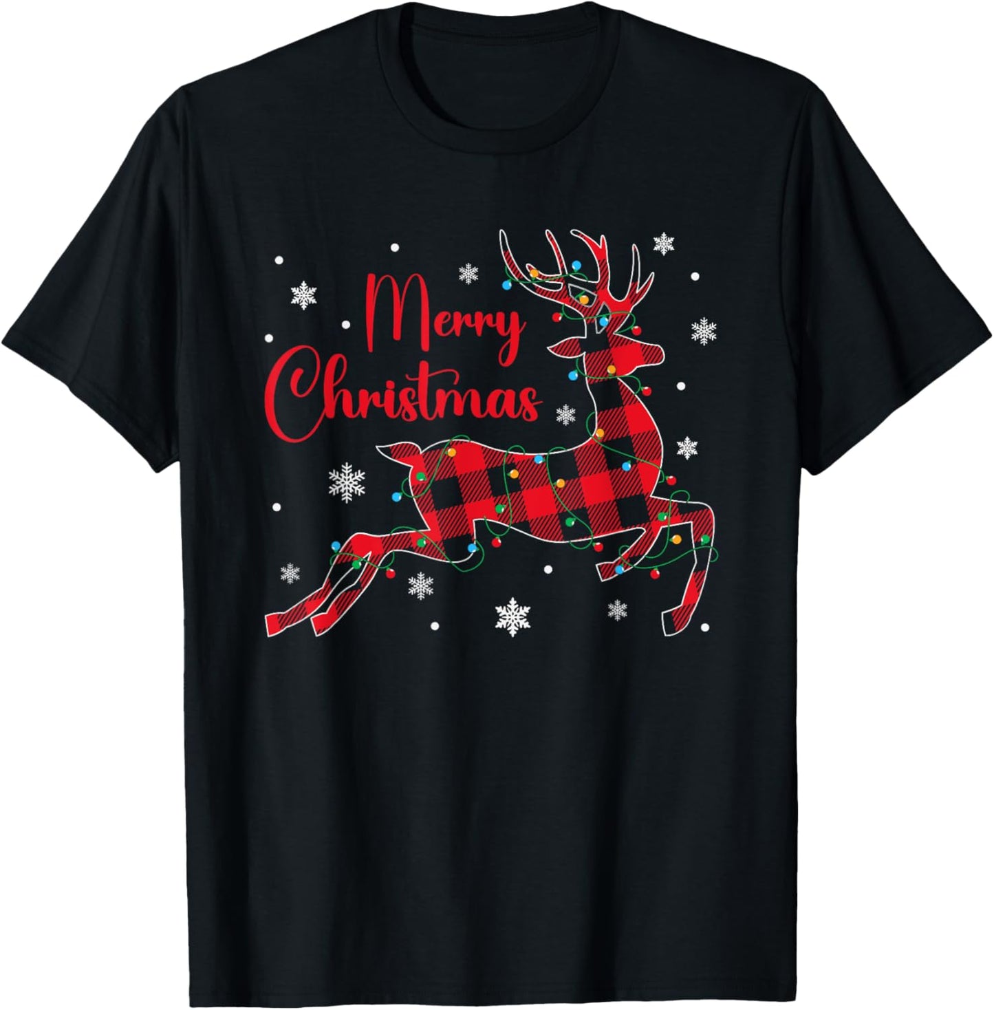 Christmas Pajamas Red Plaid Reindeer Buffalo Plaid Christmas T-Shirt - T-Shirt | Black