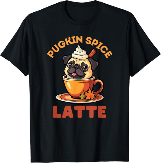 Pugkin Spice Latte Funny Fall Cute Pug Halloween T-Shirt - T-Shirt | Black