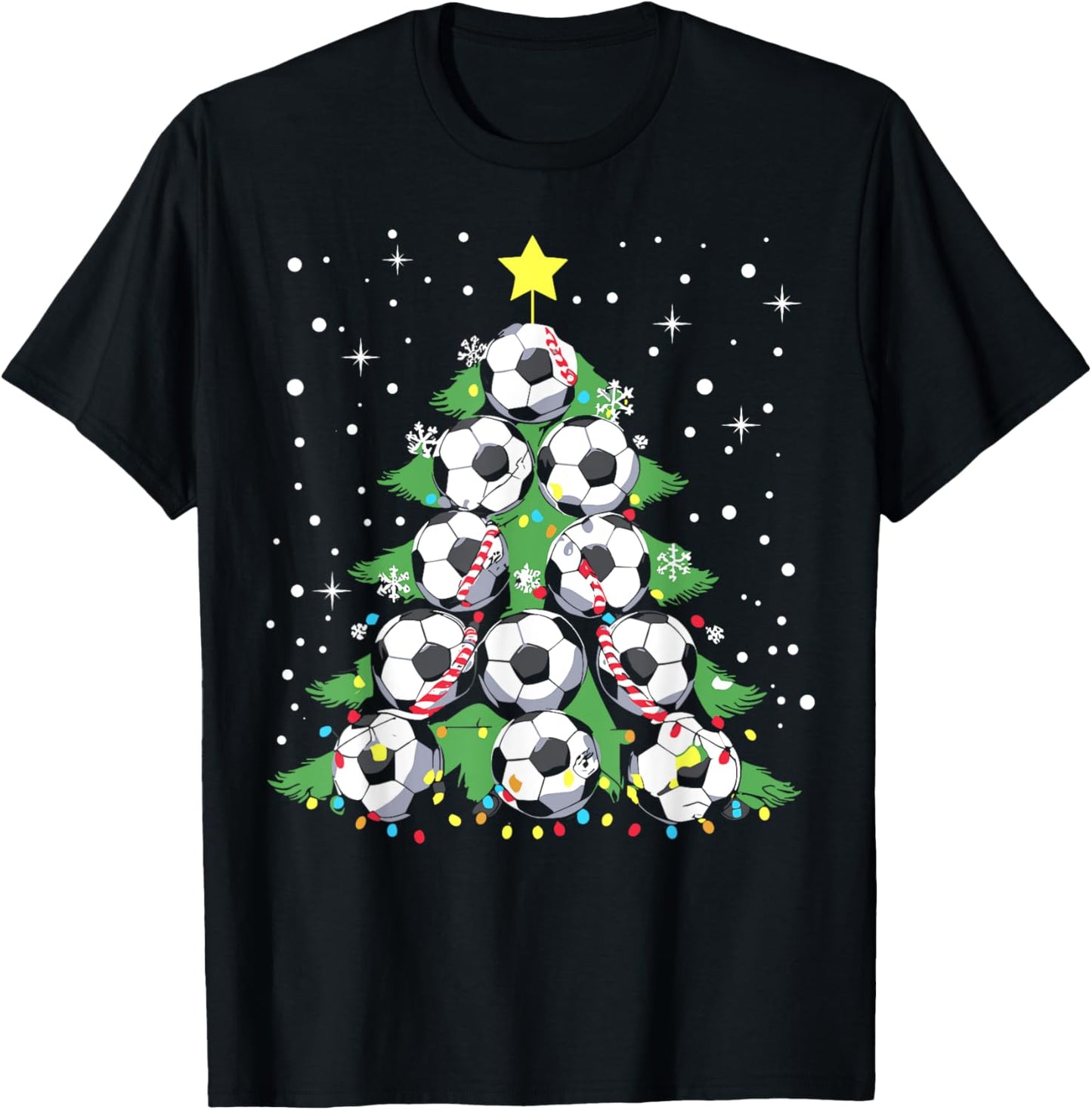 Funny Soccer Player Xmas Lights Soccer Christmas Tree T-Shirt - T-Shirt | Black