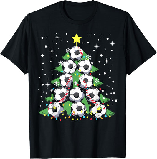 Funny Soccer Player Xmas Lights Soccer Christmas Tree T-Shirt - T-Shirt | Black