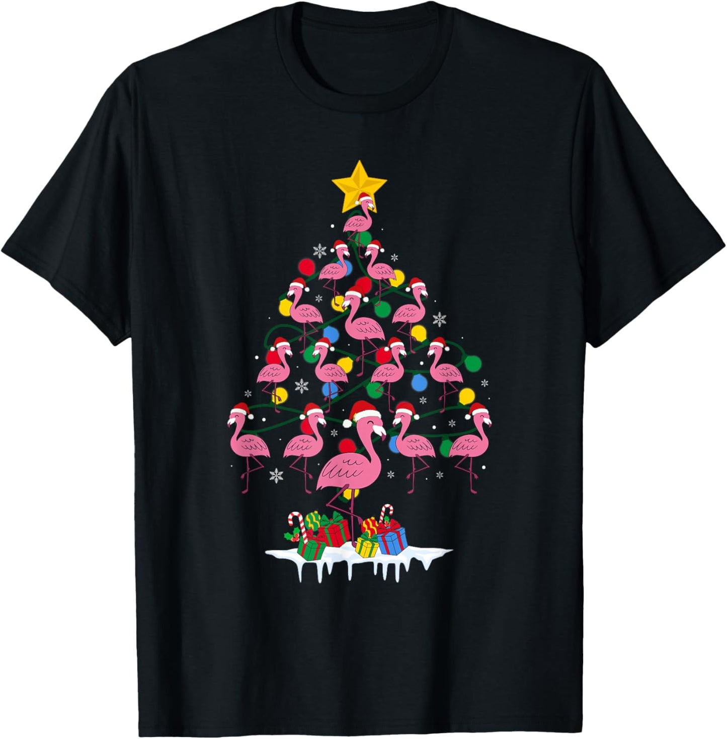 Pink Flamingo Funny Christmas Tree Cute Flamingos Holiday T-Shirt - T-Shirt | Black