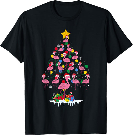 Pink Flamingo Funny Christmas Tree Cute Flamingos Holiday T-Shirt - T-Shirt | Black