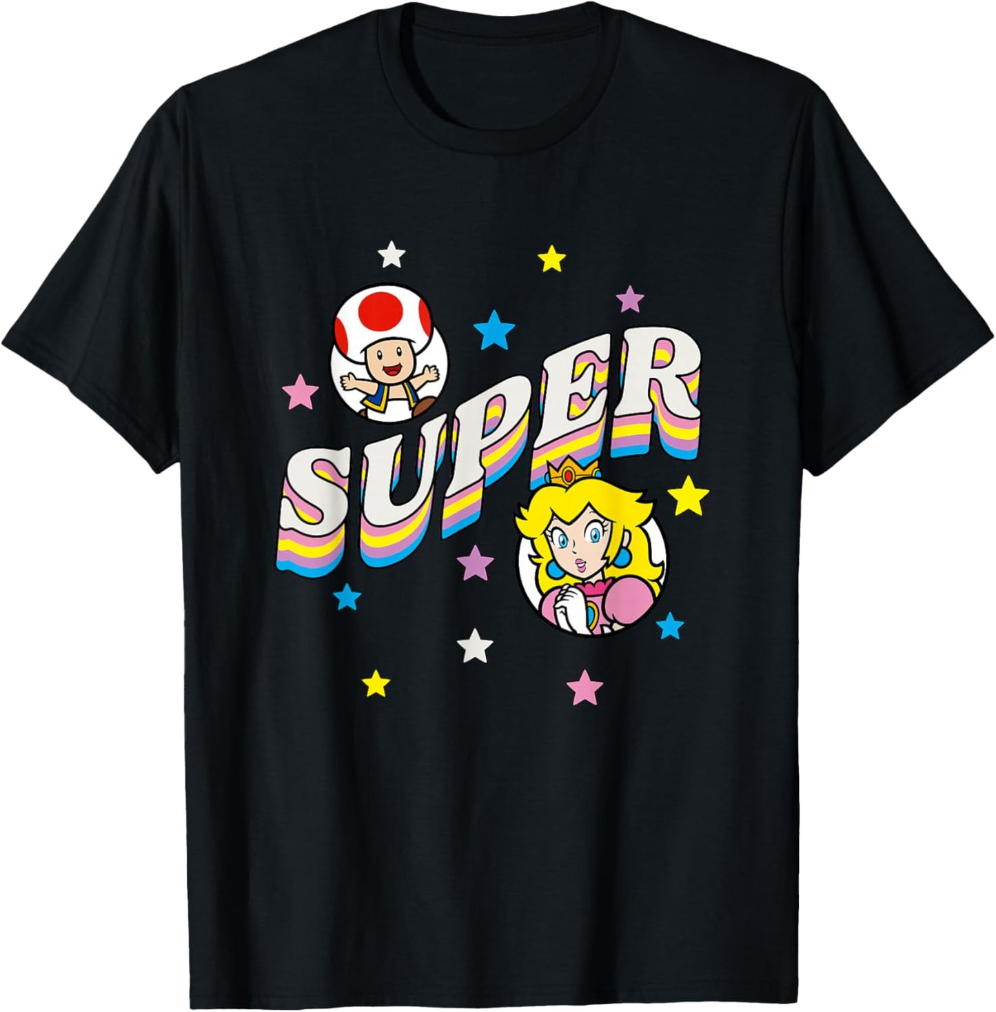 Super Mario Bros Princess Peach & Toad Super Star Text T-Shirt - T-Shirt | Black