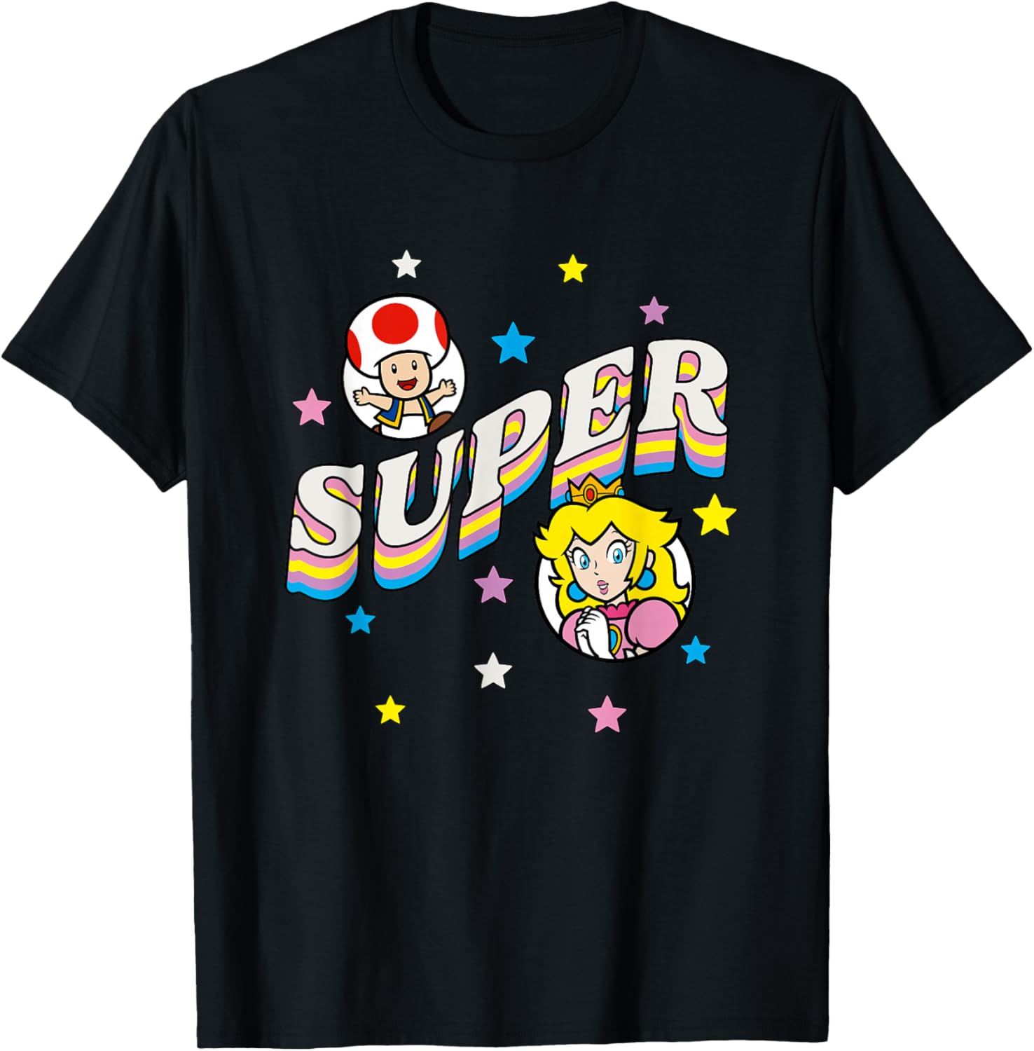 Super Mario Bros Princess Peach & Toad Super Star Text T-Shirt - T-Shirt | Black