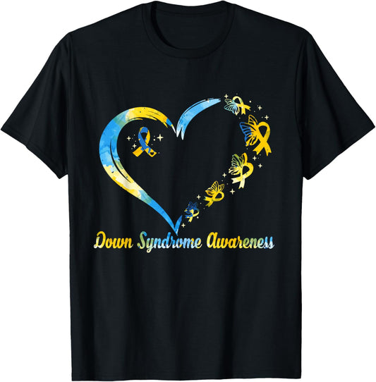 Rainbow Heart Down Syndrome Awareness Blue Yellow Ribbon T-Shirt - T-Shirt | Black