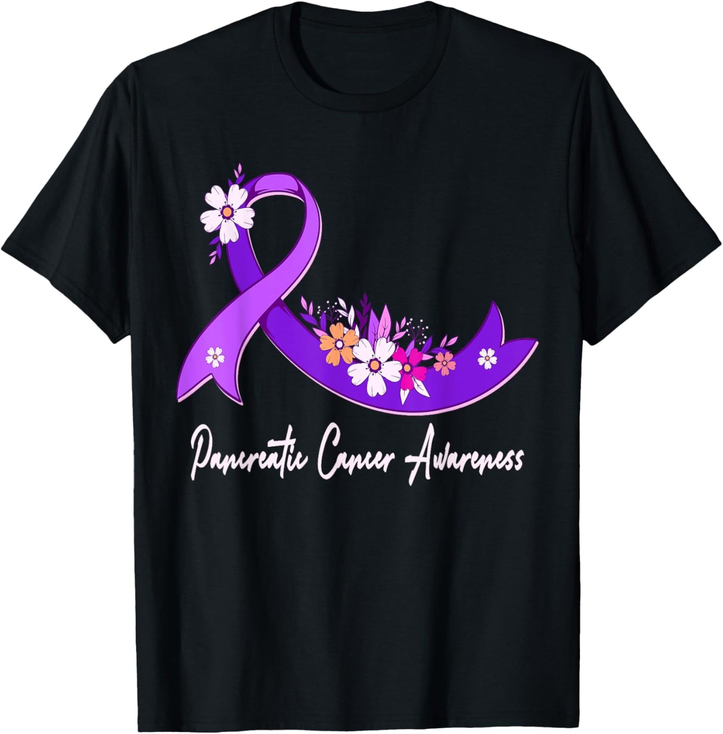 Pancreatic Cancer Awareness Floral Purple Ribbon Support T-Shirt - T-Shirt | Black