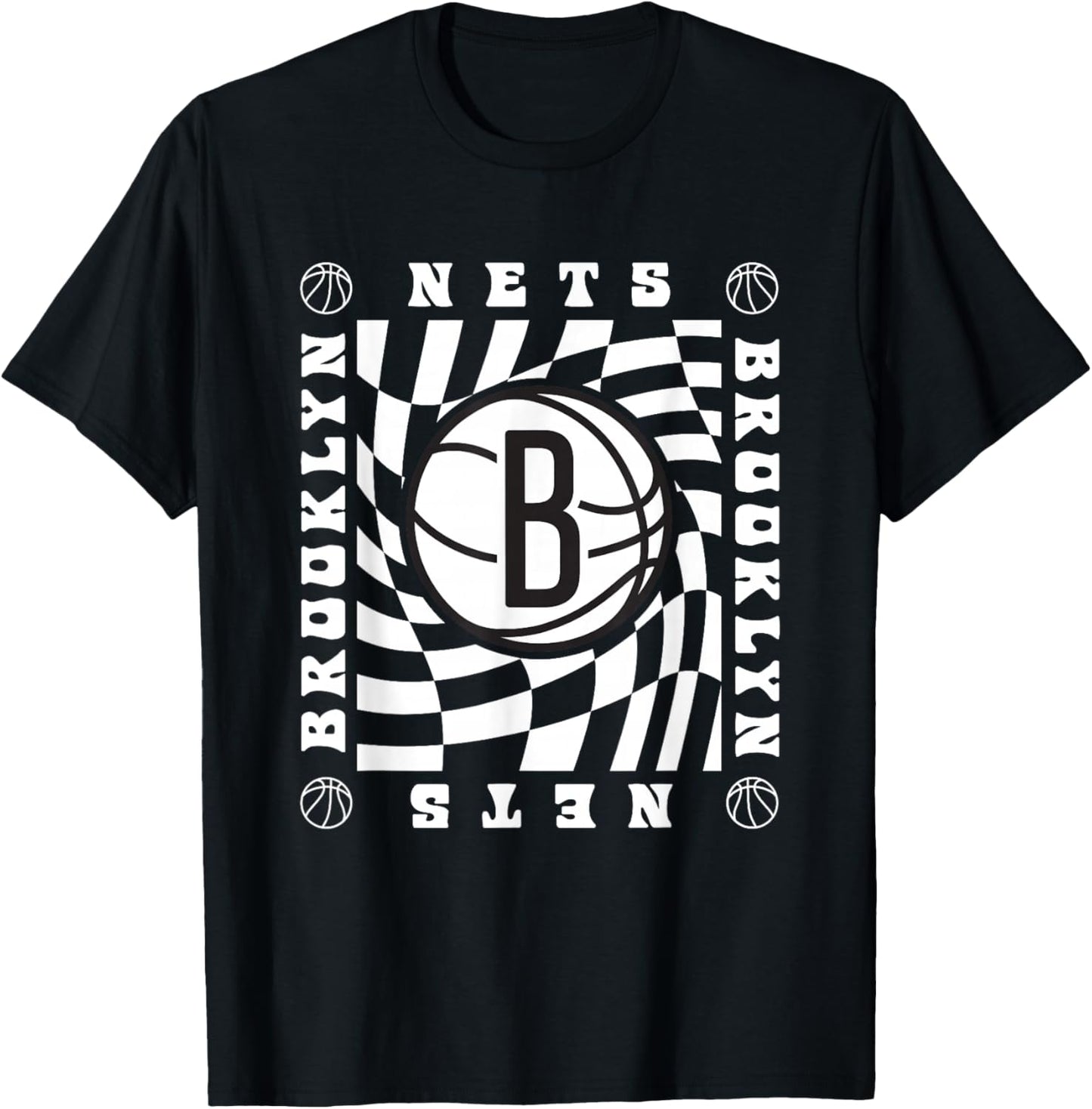 NBA Brooklyn Nets Retro Checkerboard Wave T-Shirt - T-Shirt | Black