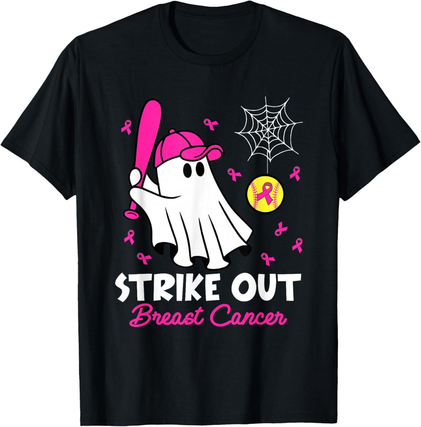 Strike Out Breast Cancer Ghost Softball Funny Breast Cancer T-Shirt - T-Shirt | Black