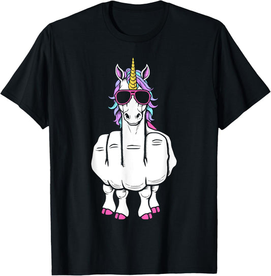 Unicorn Middle Finger Funny Magical Offensive Rude Animal T-Shirt - T-Shirt | Black