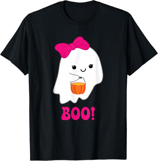 Cute Spooky Ghost Girl Pink Bow Halloween Costume T-Shirt - T-Shirt | Black