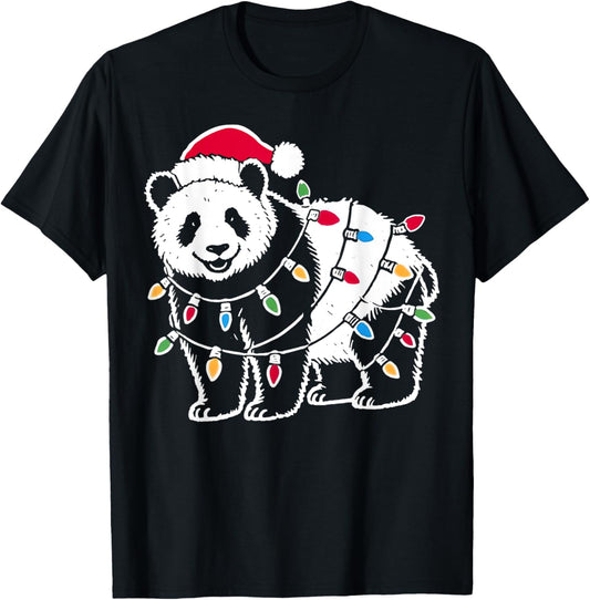Christmas Lights Panda Wearing Xmas Hat - Cute Pandas Lover T-Shirt - T-Shirt | Black