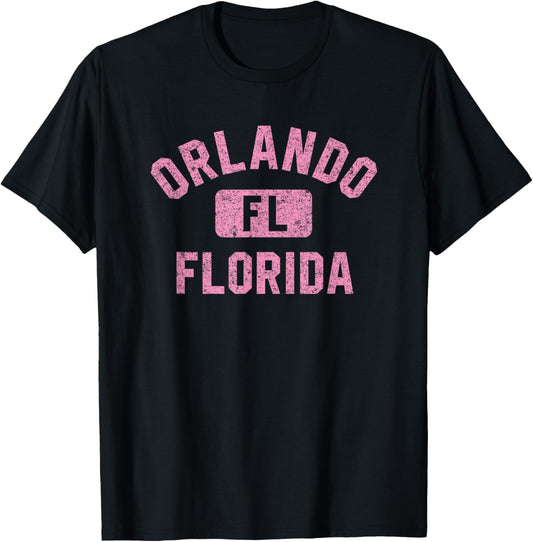 Orlando FL Florida Gym Style Distressed Pink Print T-Shirt - T-Shirt | Black
