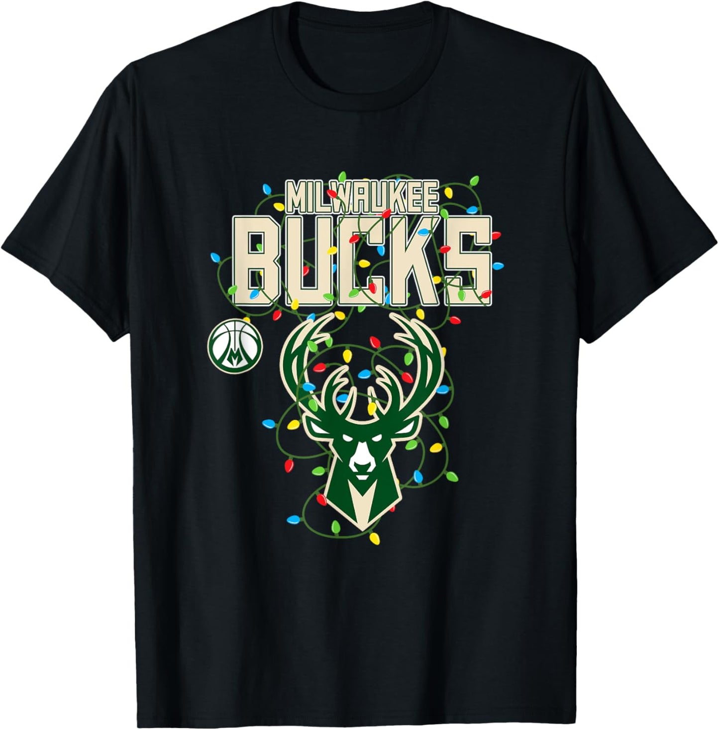 NBA Milwaukee Bucks Christmas Lights Holiday T-Shirt - T-Shirt | Black