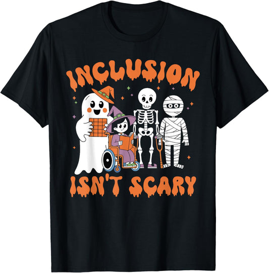 Inclusion Isn't Scary Teacher Skeleton Ghost Mummy Halloween T-Shirt - T-Shirt | Black