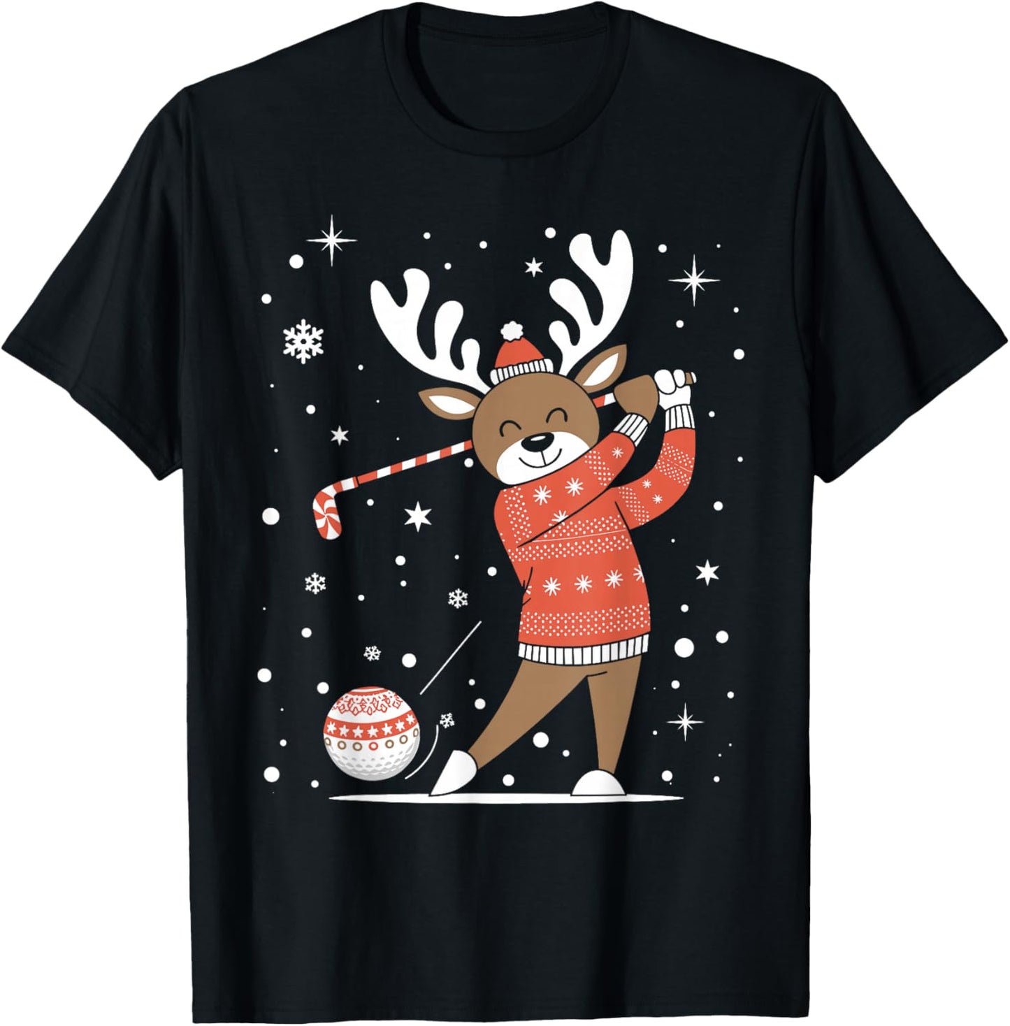 Golf Player Xmas Lights Reindeer Playing Golf Christmas T-Shirt - T-Shirt | Black