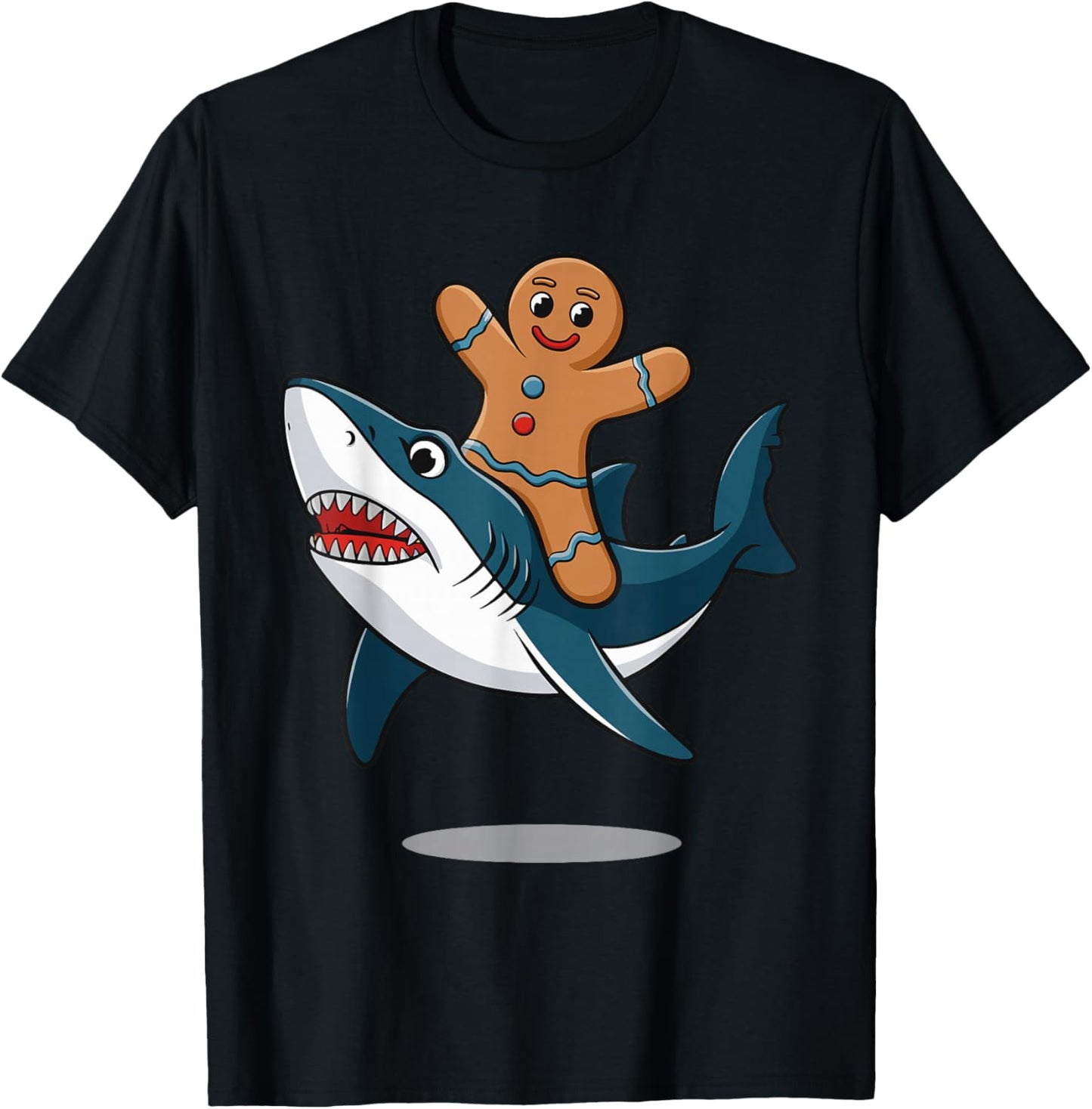 Gingerbread Riding A Shark T-Shirt - T-Shirt | Black