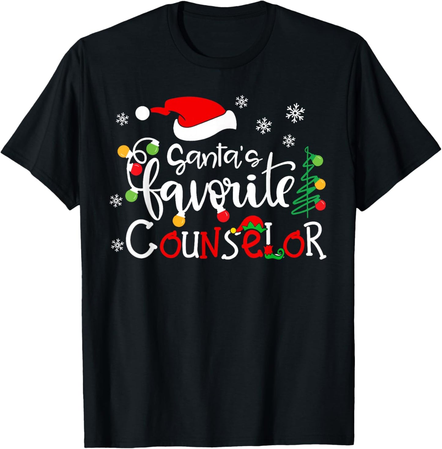 Santas Favorite Counselor Funny Christmas Santa Hat Lights T-Shirt - T-Shirt | Black