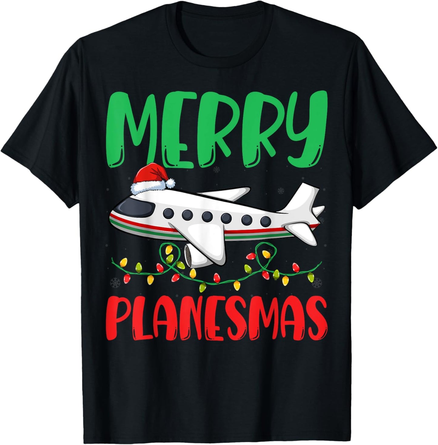 Merry Planesmas Xmas Lights Airplane Pilots Christmas T-Shirt - T-Shirt | Black
