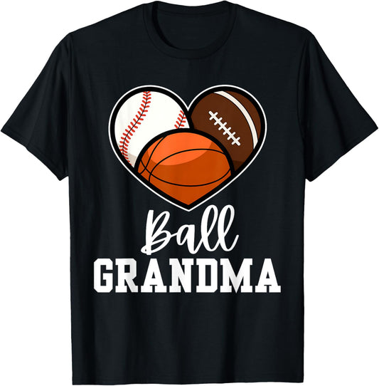Ball Grandma Heart Baseball Basketball Football Mothers Day T-Shirt - T-Shirt | Black