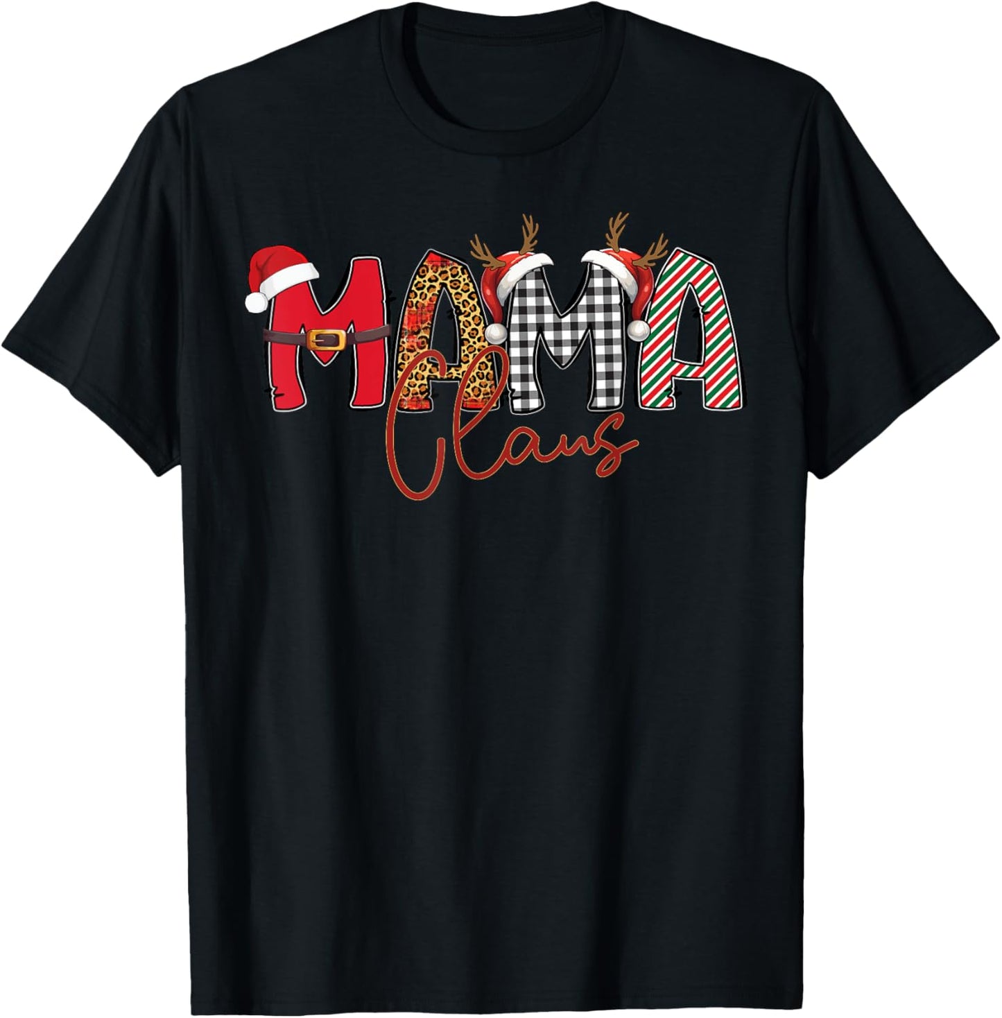 Mama Claus Santa Hat Reindeer Leopard Plaid Matching Family T-Shirt - T-Shirt | Black