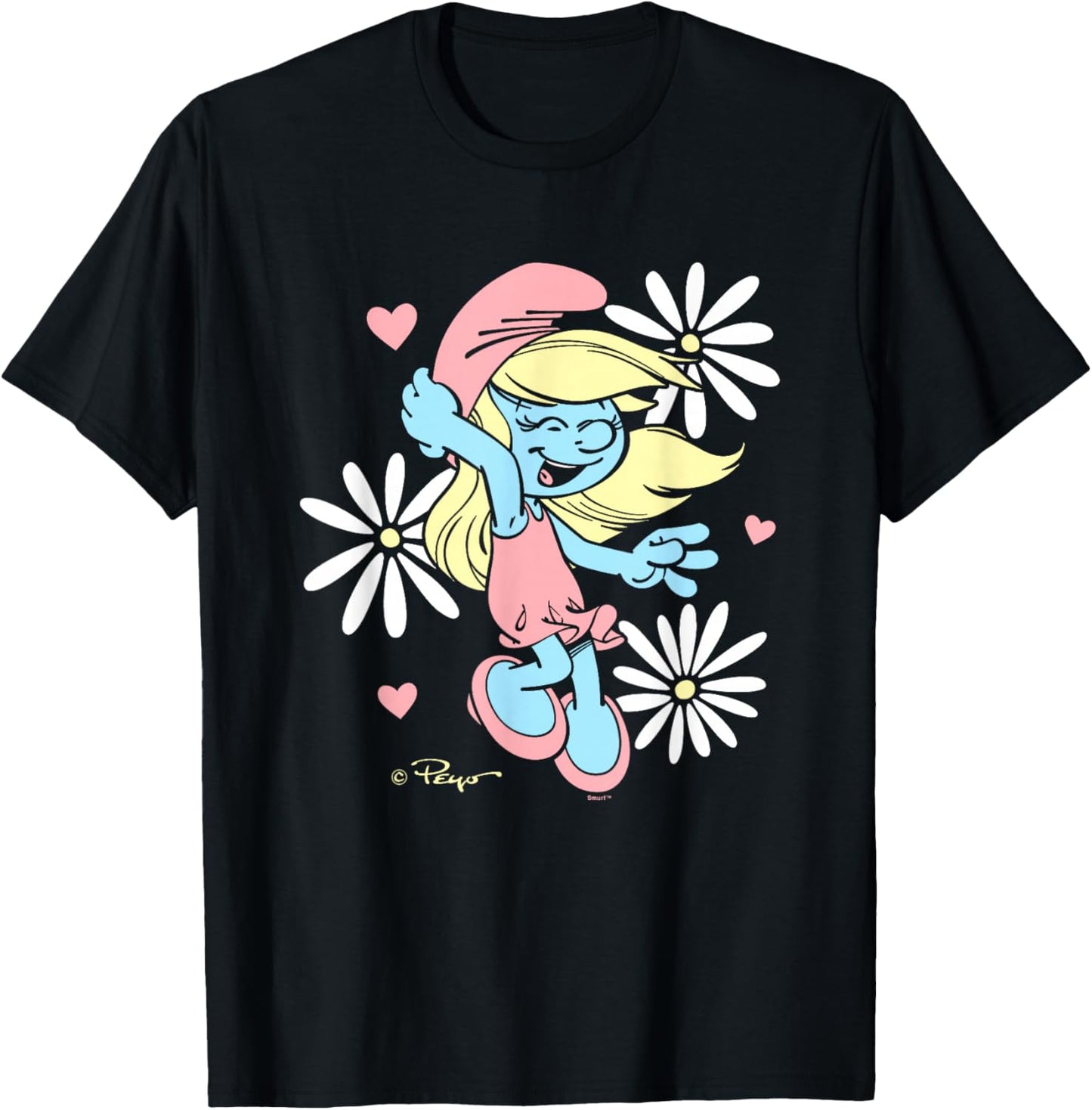 The Smurfs Cute Daisy Smurf Smurfette Retro Big Chest Logo T-Shirt - T-Shirt | Black