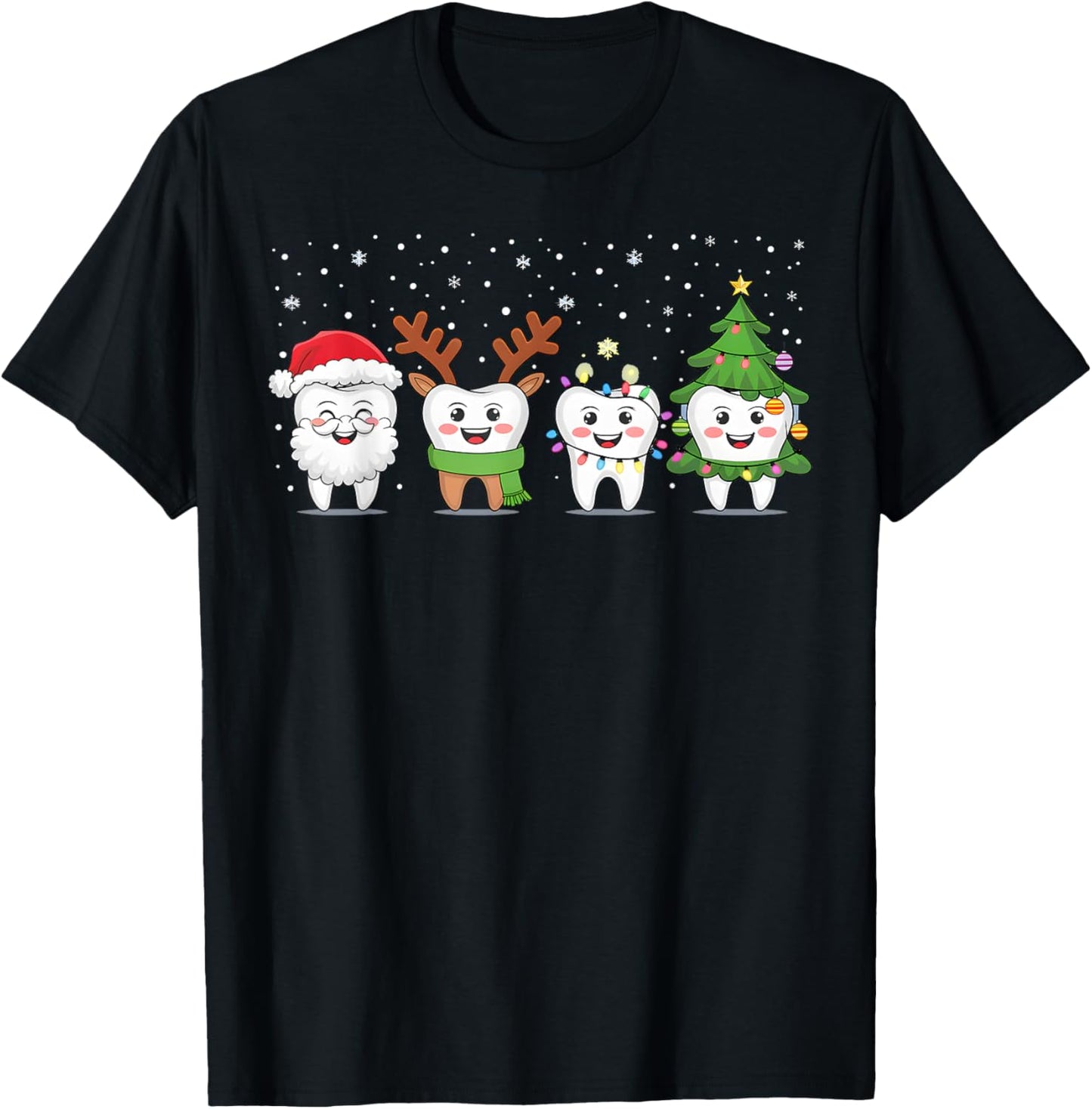 Cute Christmas Dental Tooth Characters Fun Holiday Dentist T-Shirt - T-Shirt | Black