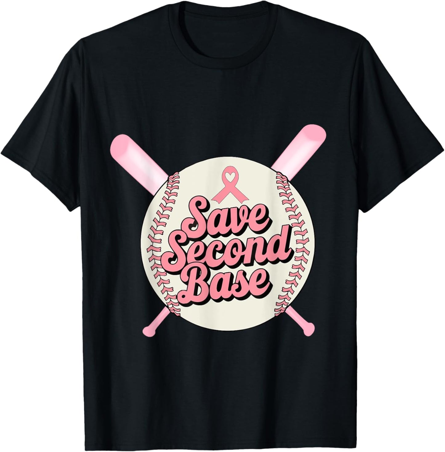 Save Second And Base Funny Softball Breast Cancer Awareness T-Shirt - T-Shirt | Black