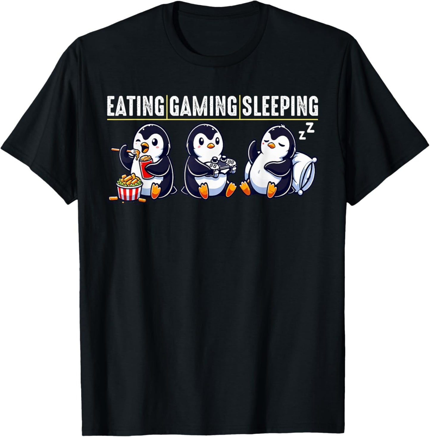 Eating Gaming Sleeping Penguin T-Shirt - T-Shirt | Black